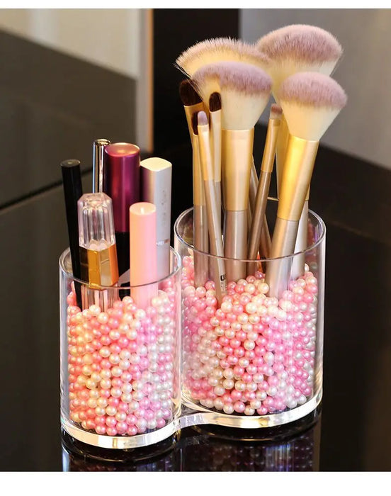 Clear acrylic makeup brush holder with multiple compartments