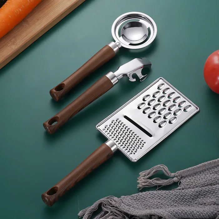 Stainless steel and wood handle kitchenware