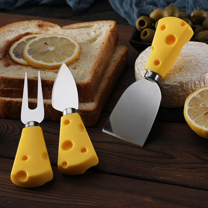 Creative yellow cheese knife, fork and shovel three-piece set