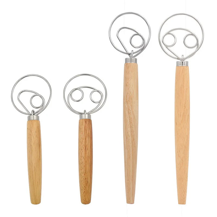 Stainless steel egg beater with double rings and wooden handle