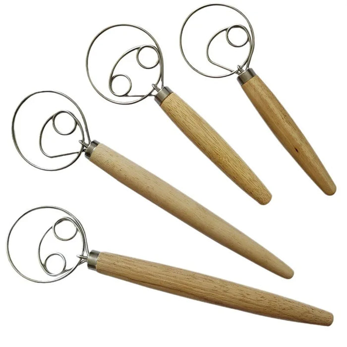 Stainless steel egg beater with double rings and wooden handle