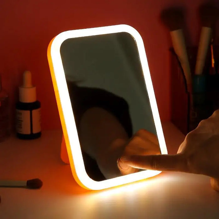 Portable Travel Makeup Mirror with Smart Touch and LED Strip Light for Dorm Room and Beauty Enhancement