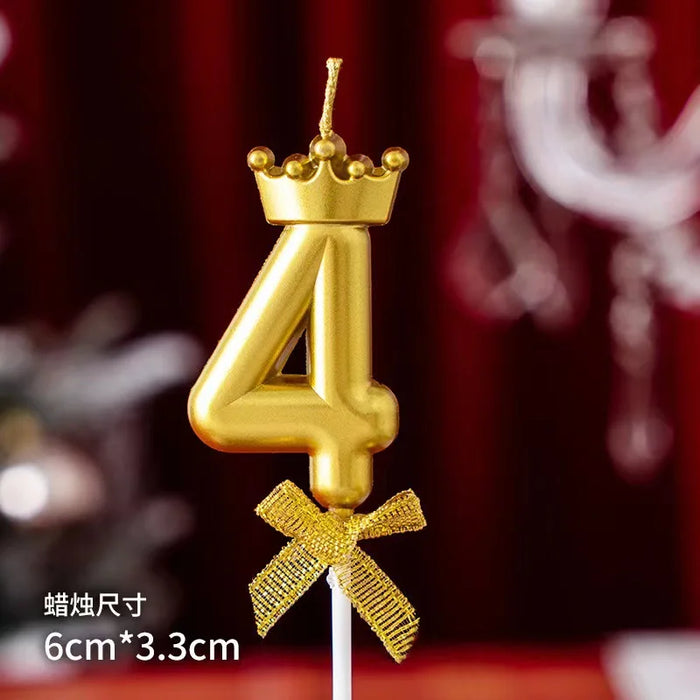 High-quality gold digital candle with crown and bow for birthday cake decoration