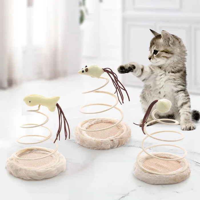 Interactive cat play disc with plush spring toy, mouse, spiral wire and linen circular disc