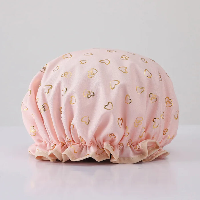 Stylish double-layer waterproof women's shower cap with printed design