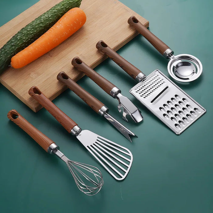 Stainless steel and wood handle kitchenware