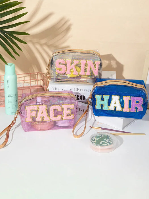 Large Capacity Laser PVC Cosmetic Bag with Embroidered Letters, Convenient Portable Toiletry Bag for Women