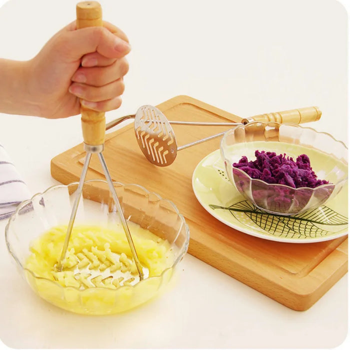 Potato masher and juicer, stainless steel fruit and vegetable press