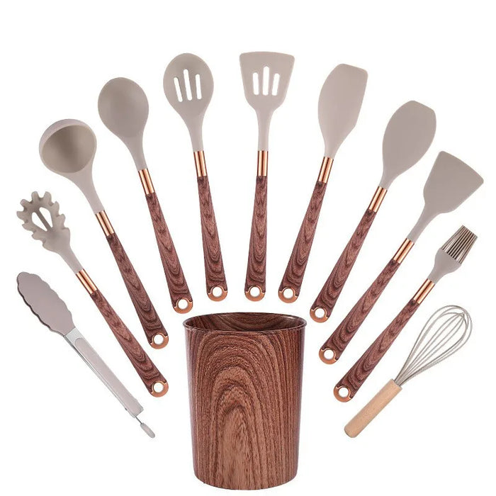 Premium non-stick cooking utensils set with gold-plated wood grain handle, heat-resistant silicone kitchen tools