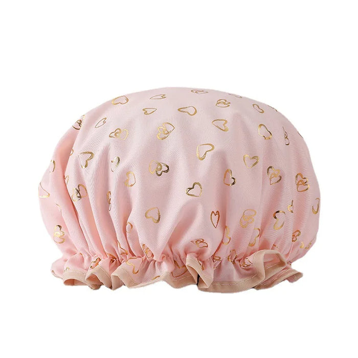 Stylish double-layer waterproof women's shower cap with printed design