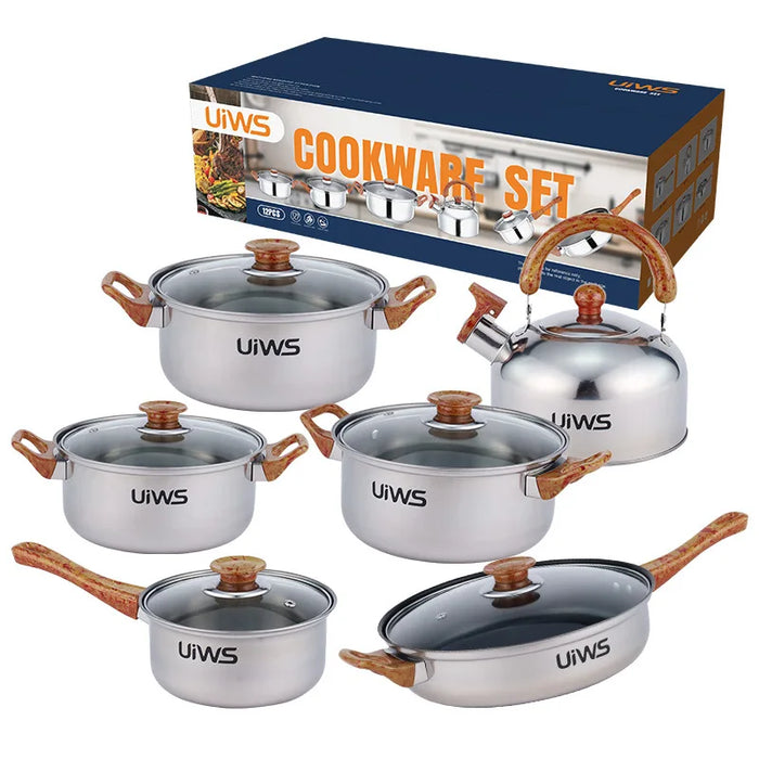 Stainless Steel Cookware Set with Wooden Handles and Kettle, Perfect for Cooking in the Kitchen