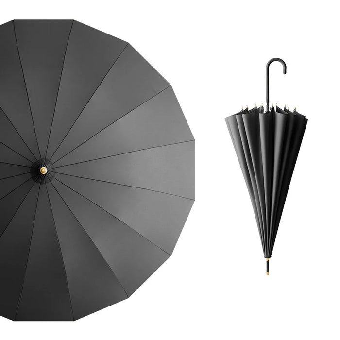 Double windproof umbrella with leather curved handle