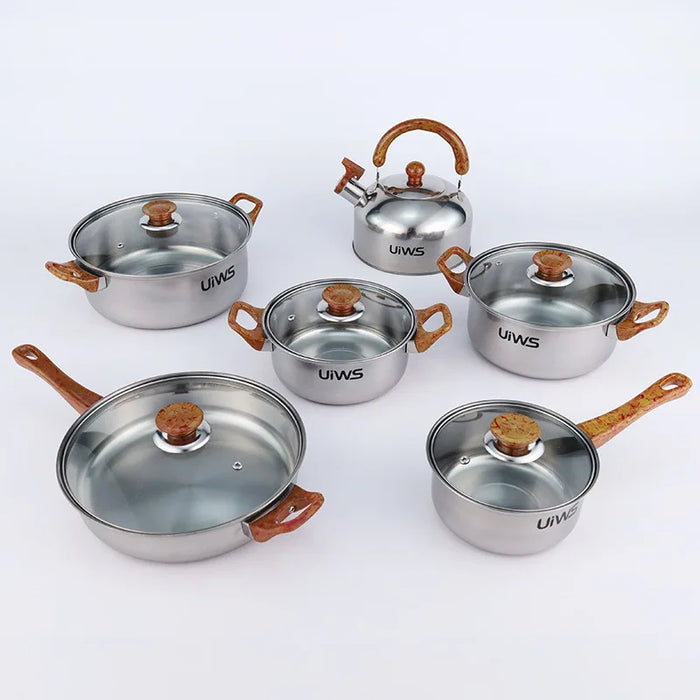 Stainless Steel Cookware Set with Wooden Handles and Kettle, Perfect for Cooking in the Kitchen