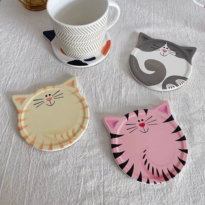 Cute Cat Ceramic Coasters for Drinks, Heat-resistant Mats & Pads for Cups and Bowls