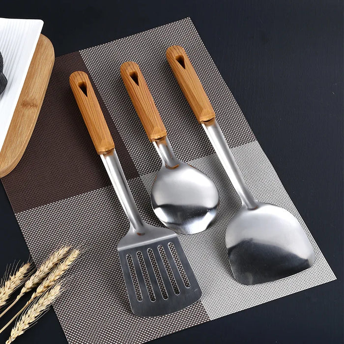 Premium Stainless Steel Kitchen Cooking Tool Set with Thick Wooden Handle - Soup Ladle, Spatula, Stir Fry Shovel