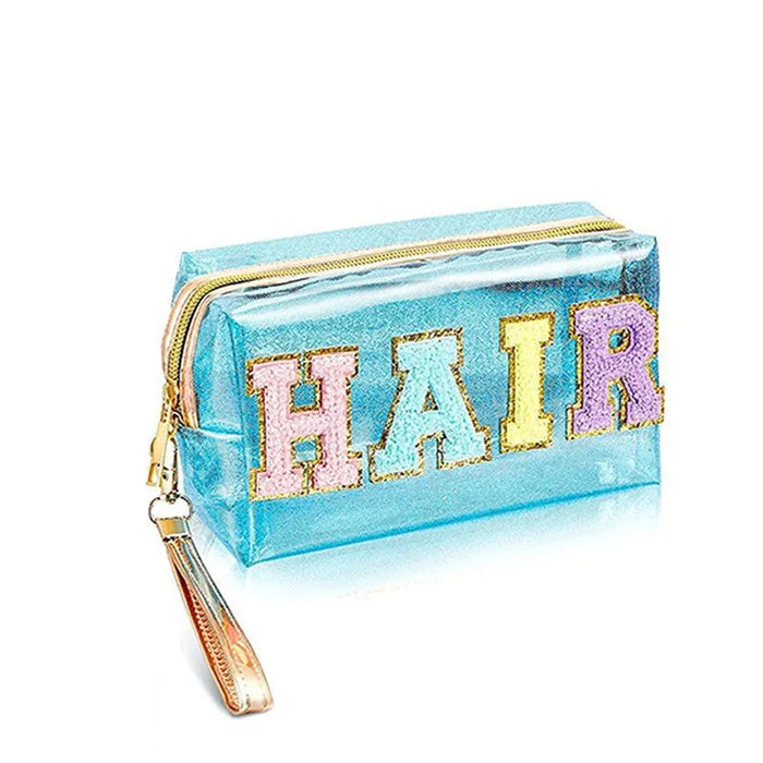 Large Capacity Laser PVC Cosmetic Bag with Embroidered Letters, Convenient Portable Toiletry Bag for Women