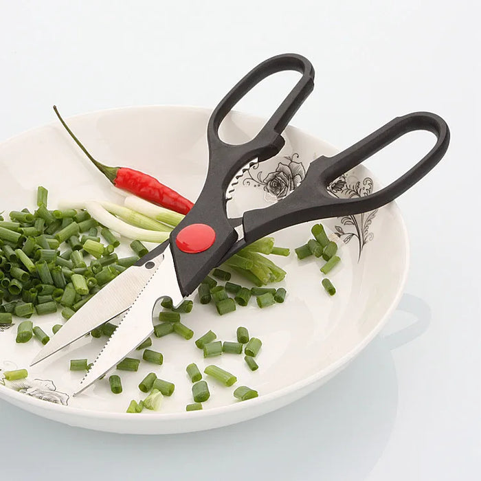 Stainless steel kitchen scissors with walnut clips