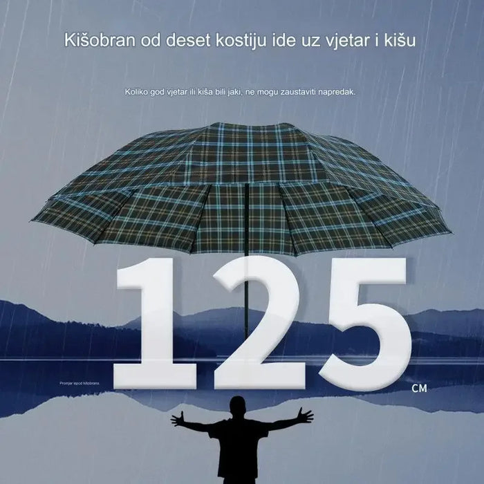 Holding a large plaid umbrella