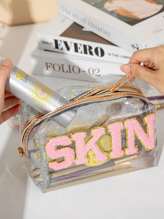 Large Capacity Laser PVC Cosmetic Bag with Embroidered Letters, Convenient Portable Toiletry Bag for Women