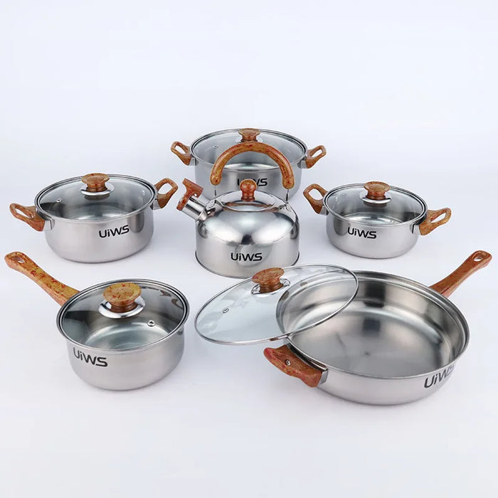 Stainless Steel Cookware Set with Wooden Handles and Kettle, Perfect for Cooking in the Kitchen