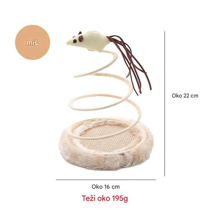 Interactive cat play disc with plush spring toy, mouse, spiral wire and linen circular disc