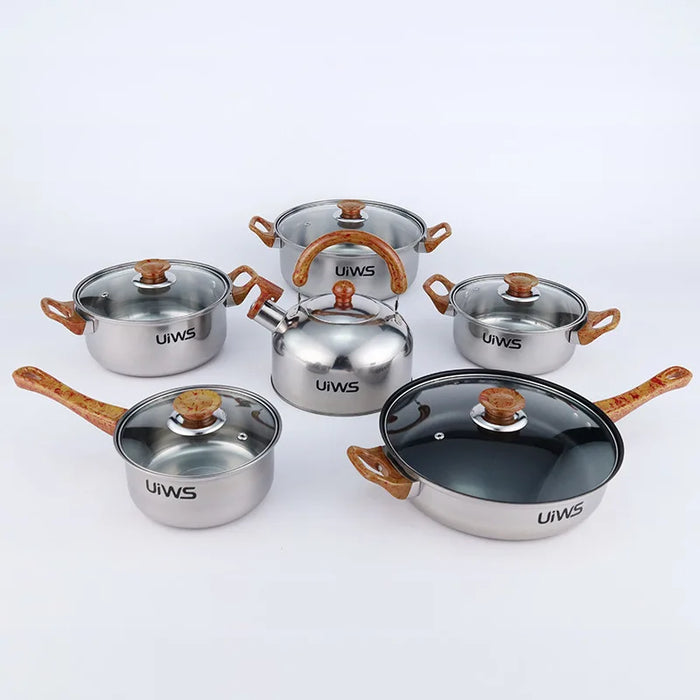 Stainless Steel Cookware Set with Wooden Handles and Kettle, Perfect for Cooking in the Kitchen