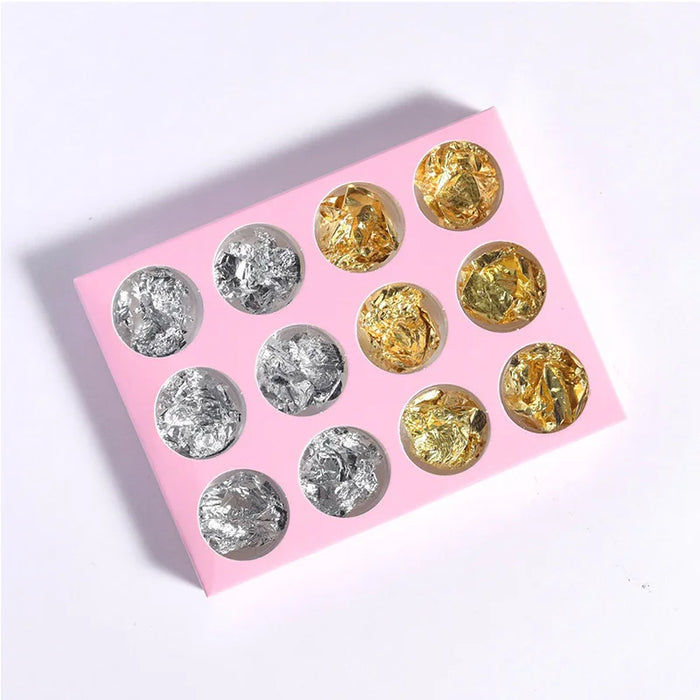 Multi-Shaped Glitter Nail Art Accessories Set with Gold and Silver Foil Flakes