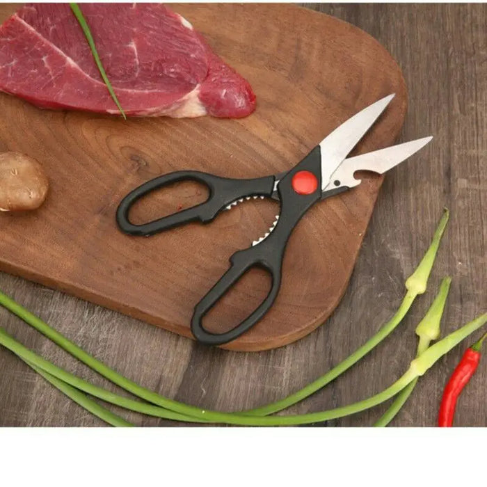 Stainless steel kitchen scissors with walnut clips